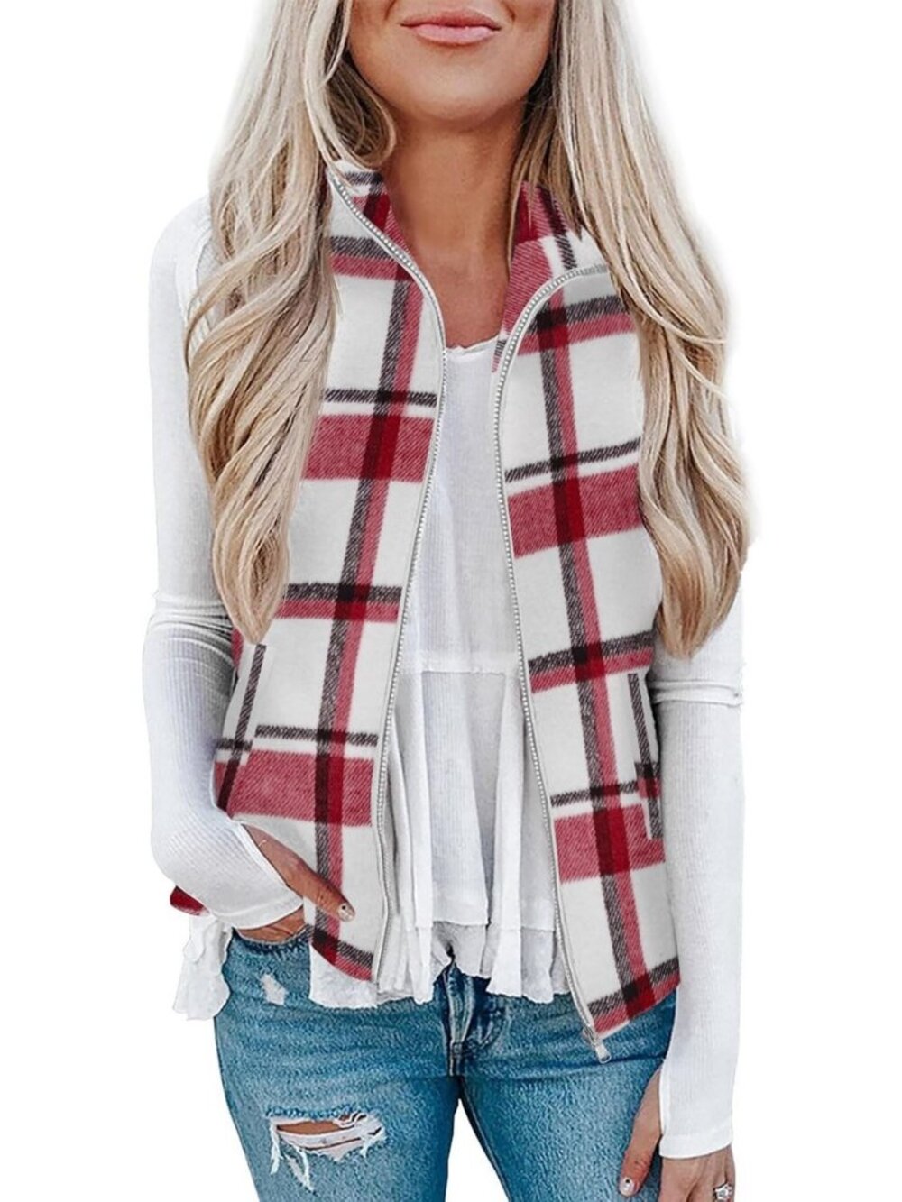 Plaid Sleeveless Jacket with Zip Up, Collared Design & Pockets - Stylish